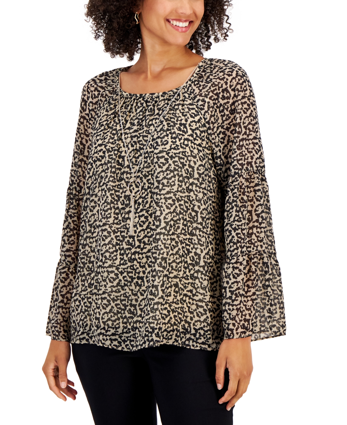 Jm Collection Women's Printed Tiered-Sleeve Necklace Top, Created for Macy's