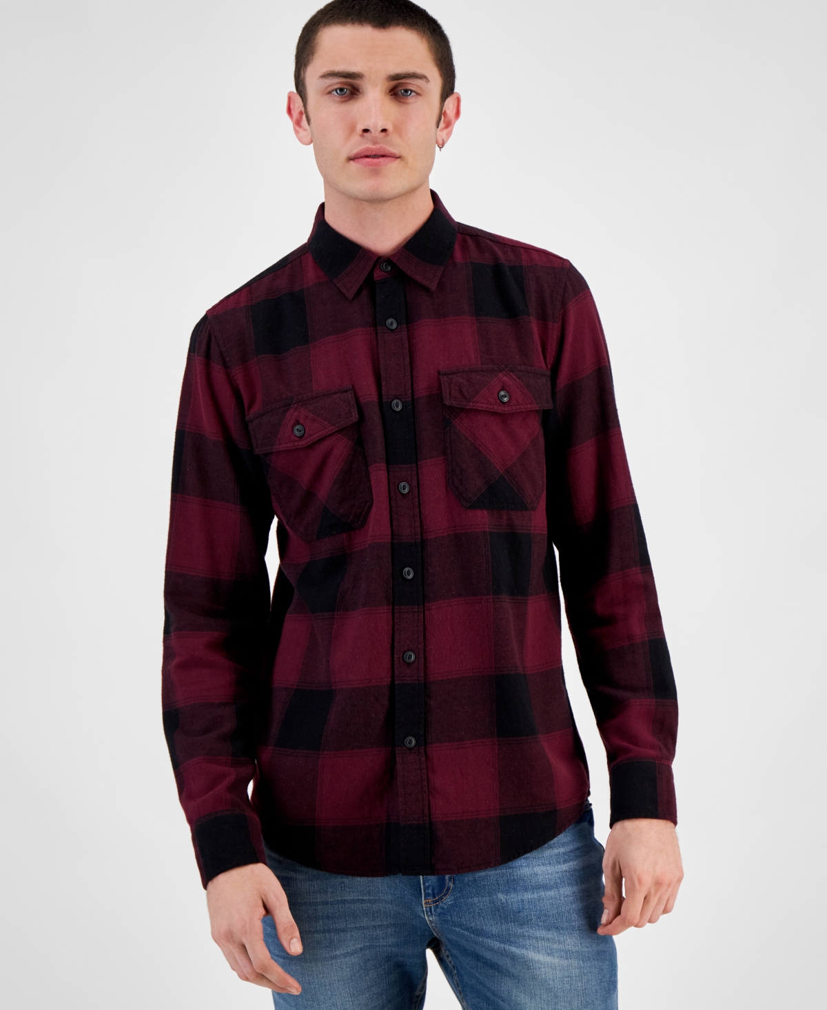 Men's Charles Regular-Fit Plaid Button-Down Flannel Shirt, Created for Macy's - Dark Scarlet