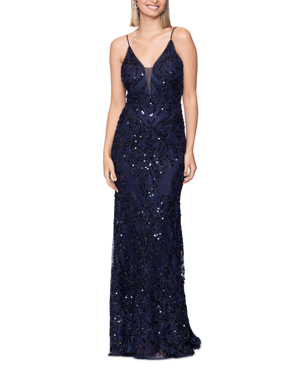 Betsy & Adam Women's Sequined Spaghetti-strap Illusion-neck Gown In Navy