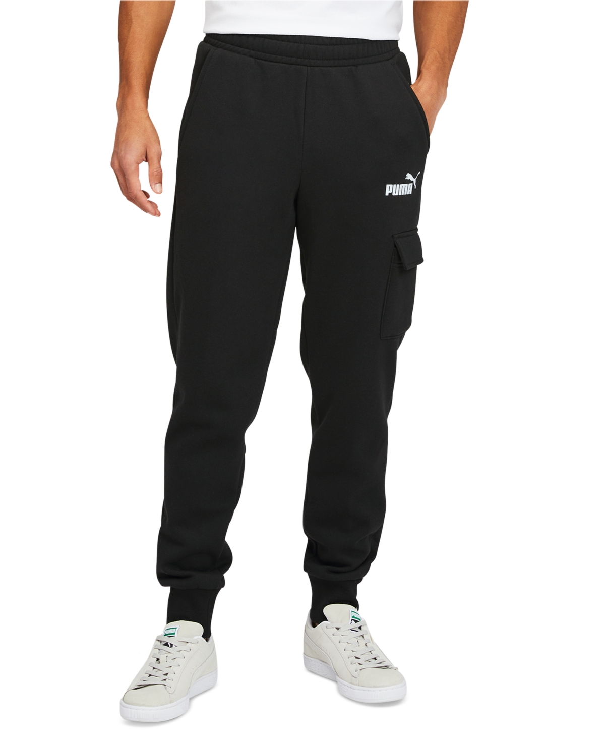 Shop Puma Men's Ess Logo-print Fleece Cargo Jogger Pants In  Black