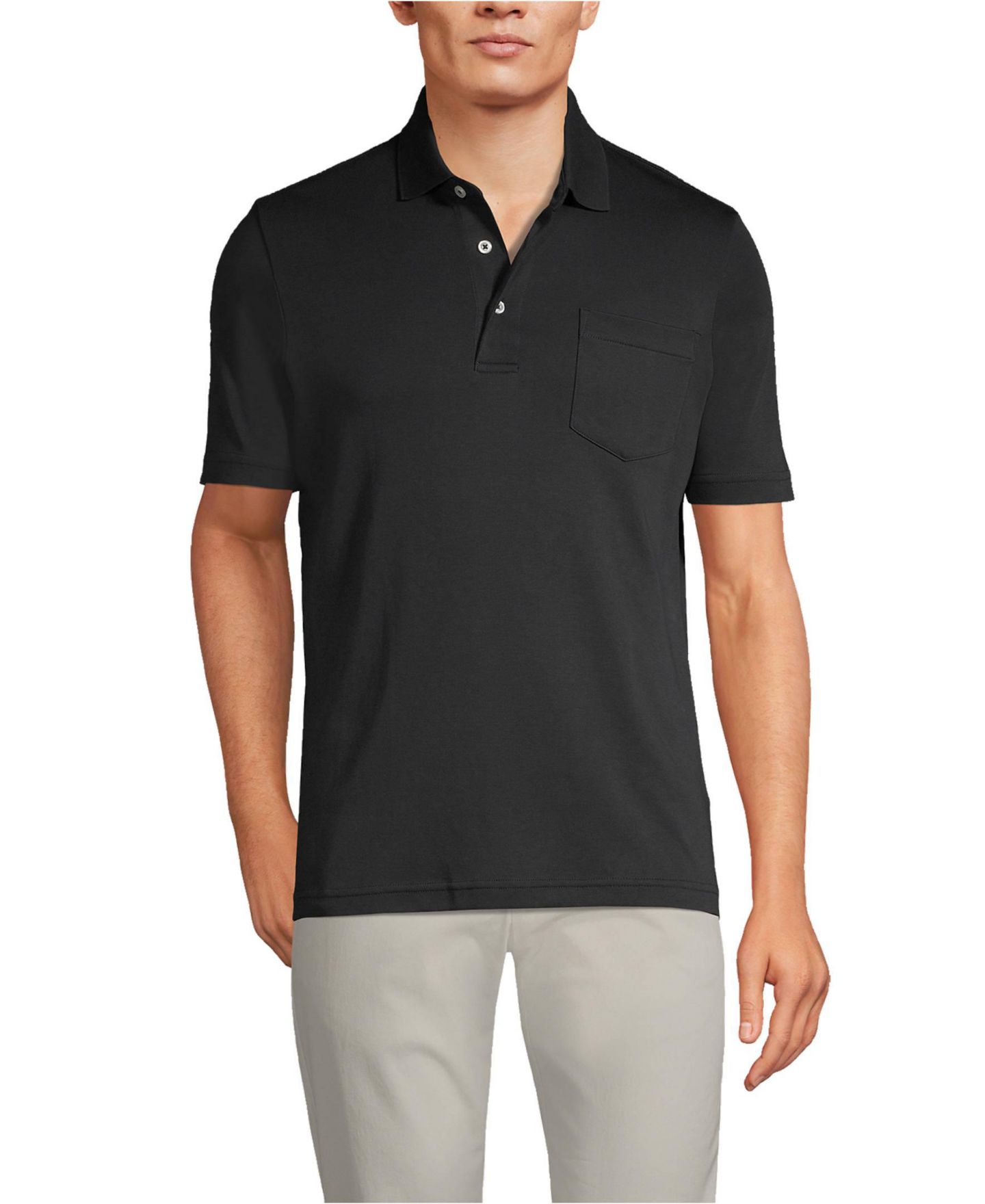 Мужское поло Lands' End Short Sleeve Cotton Supima Polo Shirt with Pocket, цвет: Чёрный — фото 1