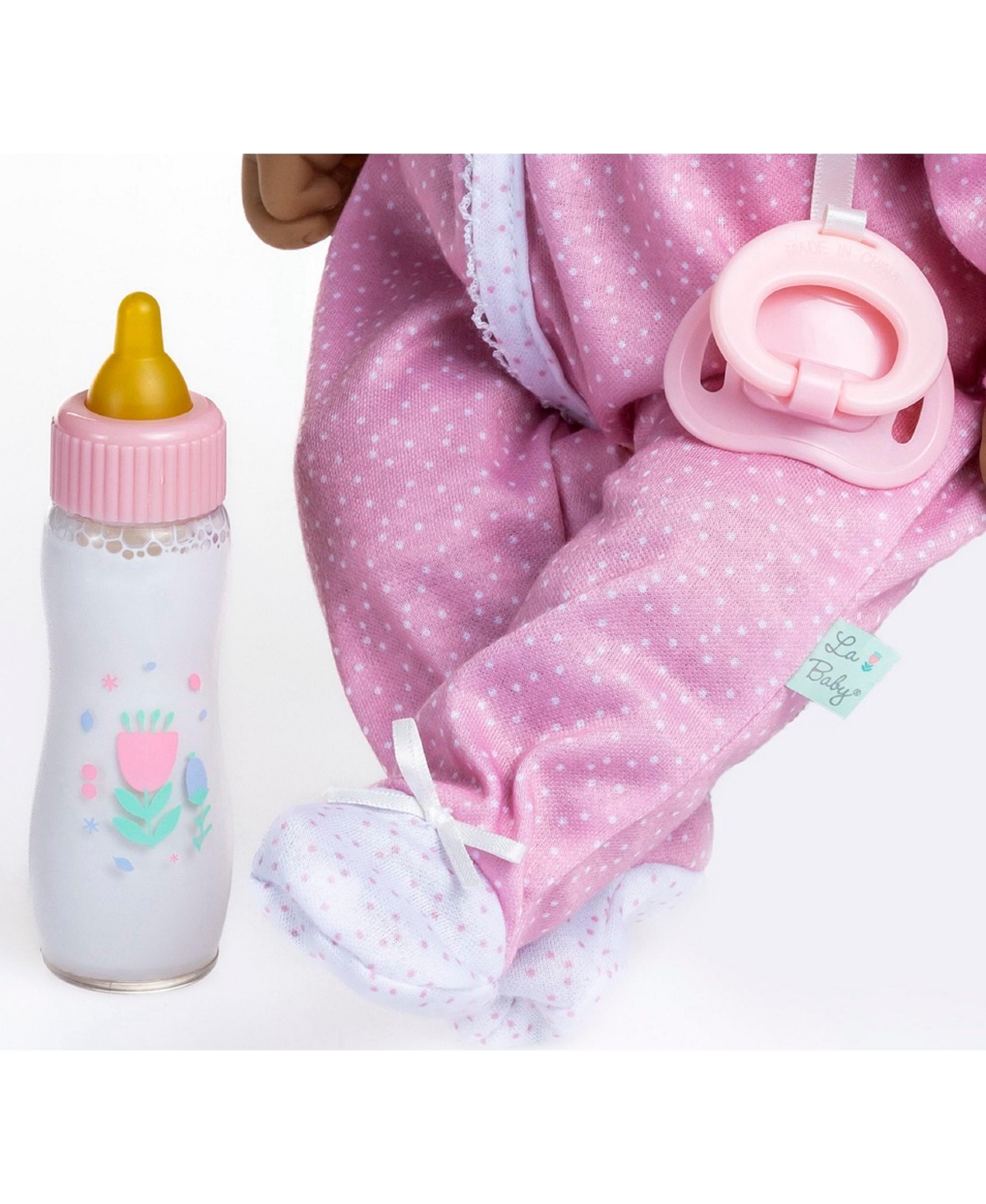 JC TOYS LA BABY HISPANIC 14.3" SOFT BODY BABY DOLL ONESIE WITH PACIFIER, MAGIC BOTTLE SET 