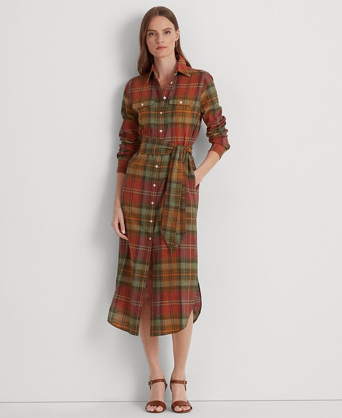 Lauren Ralph Lauren Women's Plaid Belted Cotton Shirtdress - Macy's