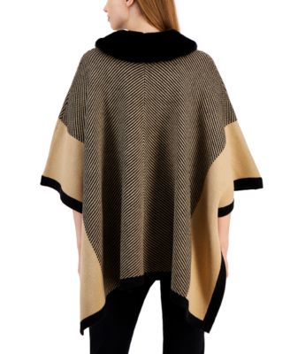 Anne Klein Faux-Fur Collar Zip-Front Poncho Sweater 