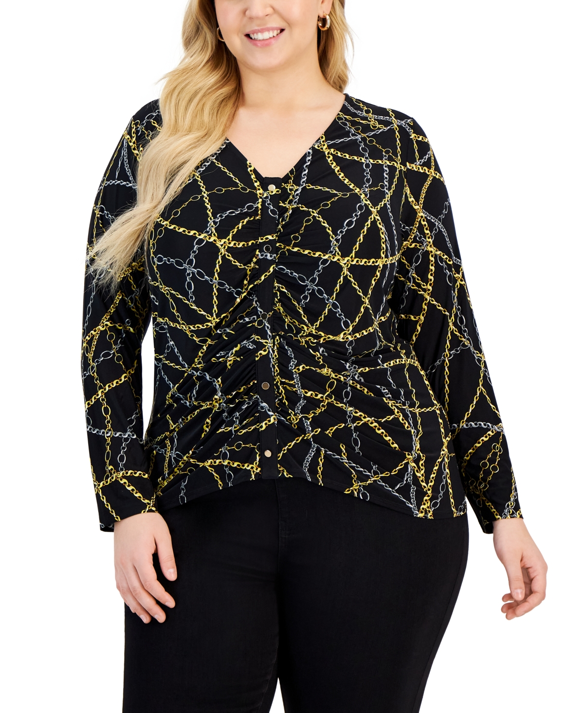 Inc International Concepts Plus Size Printed Ruched-front Top, Created For Macy's In Opulent Link