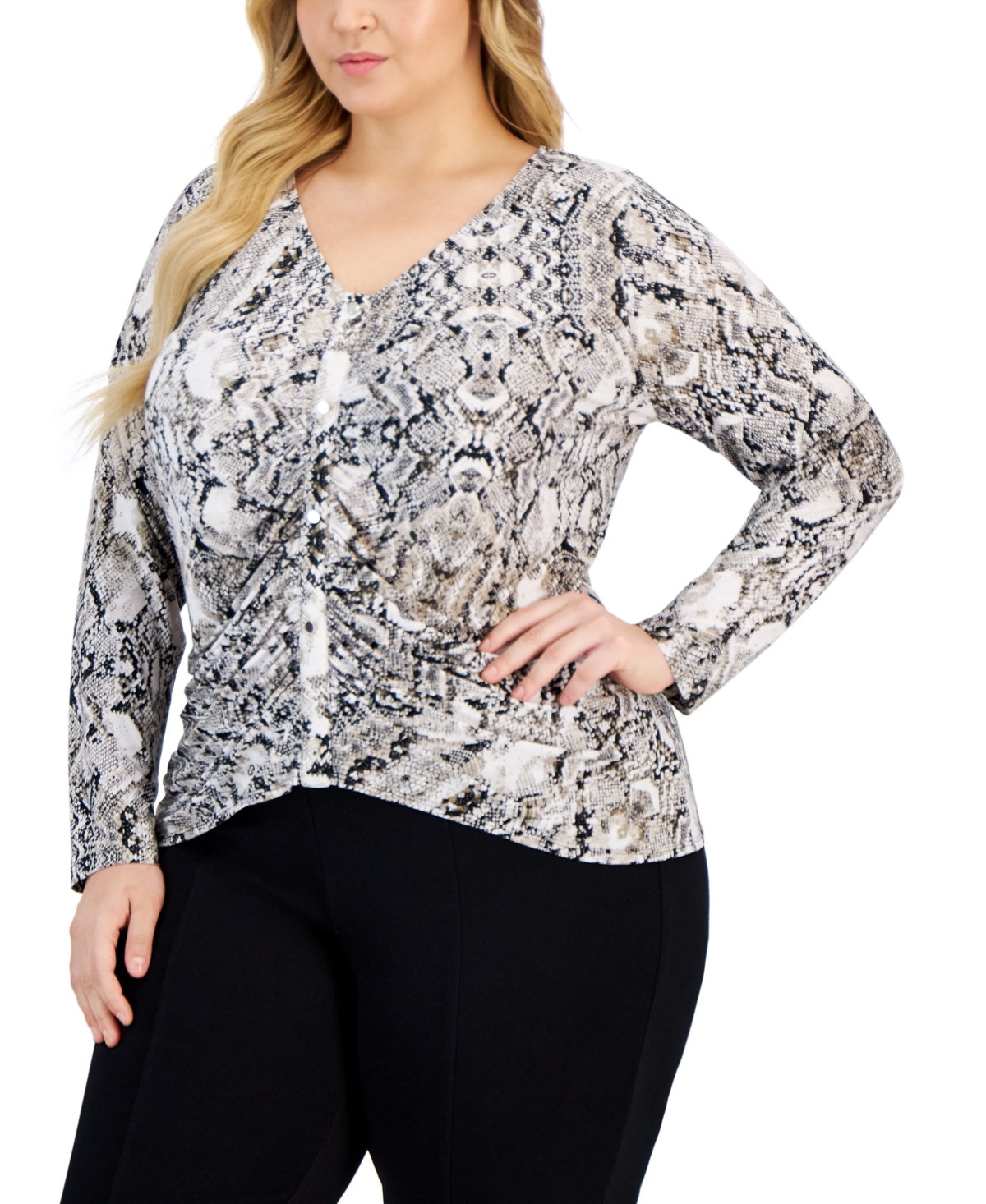 Inc International Concepts Plus Size Printed Ruched Long-sleeve Top, Created For Macy's In Desert Snake