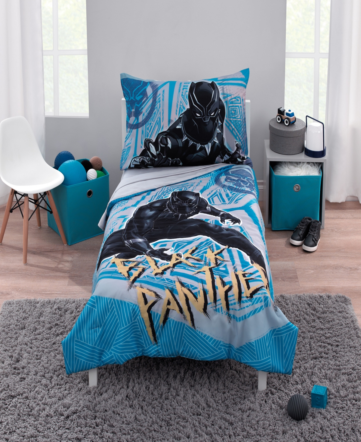 Marvel Black Panther Warrior King 4 Piece Toddler Set Bedding In Blue