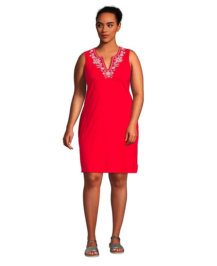 Lands' End Women's Plus Size Embroidered Cotton Jersey Sleeveless Swim