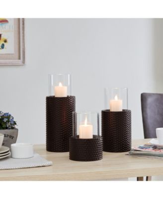Contemporary 3-Piece Candle Holder Set with Clear Glass Hurricanes and Textured Metal Base