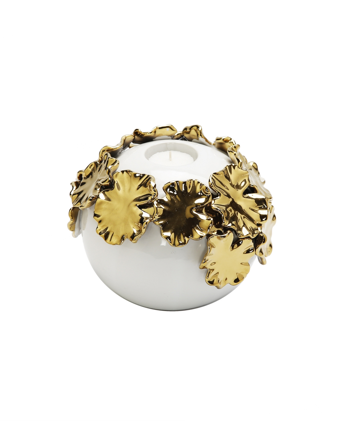 Vivience White Ceramic Candle Holder Gold-tone Flower Design