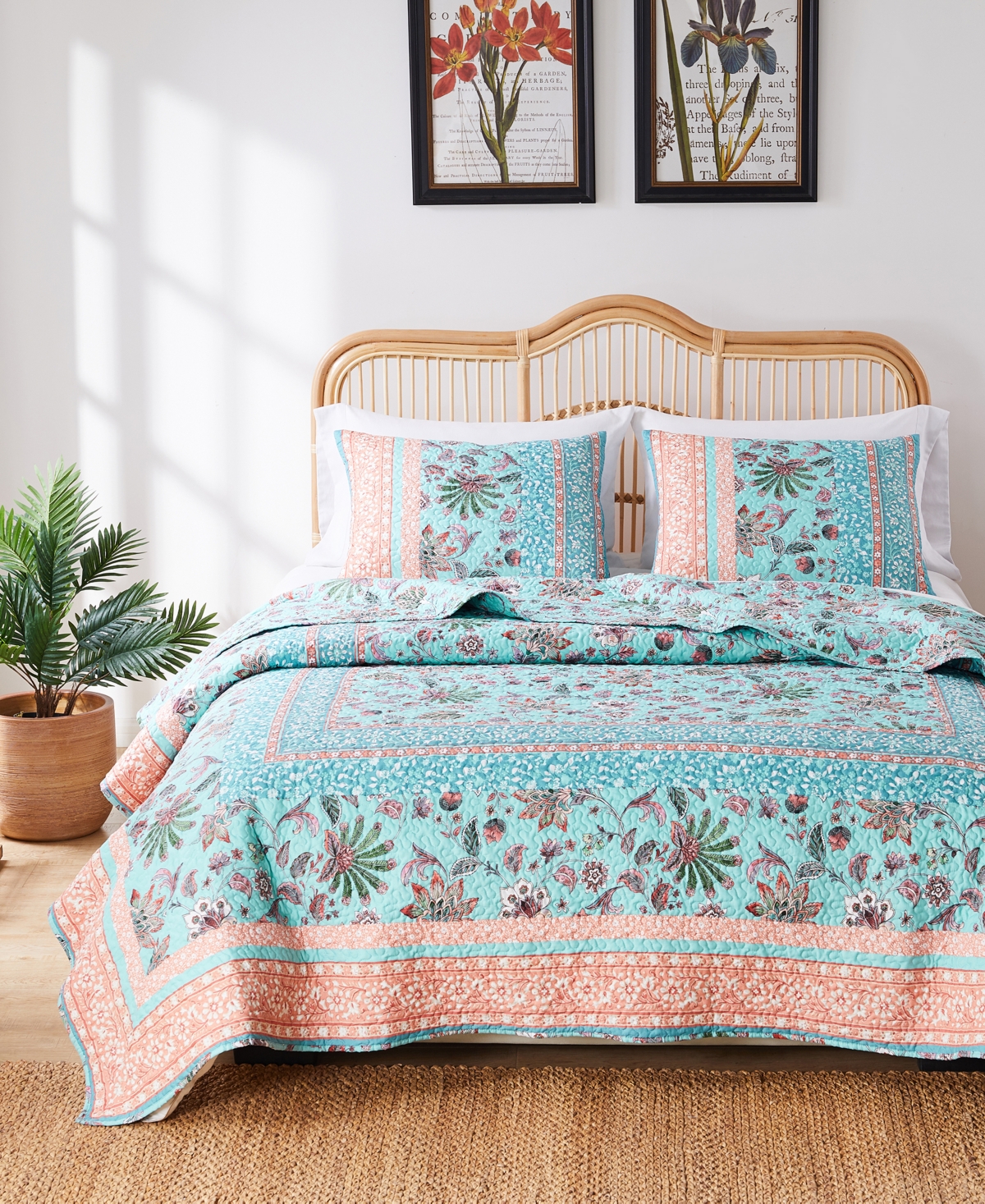 Greenland Home Fashions Audrey Floral Print 2 Piece Quilt Set, Twin/xl In Turquoise