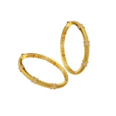 14k Gold Plated with Cubic Zirconia 3D Textured Bangle Bracelet