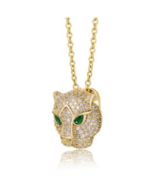 14k Yellow Gold Plated with Green & Cubic Zirconia 3D Panther Head Pendant Layering Necklace
