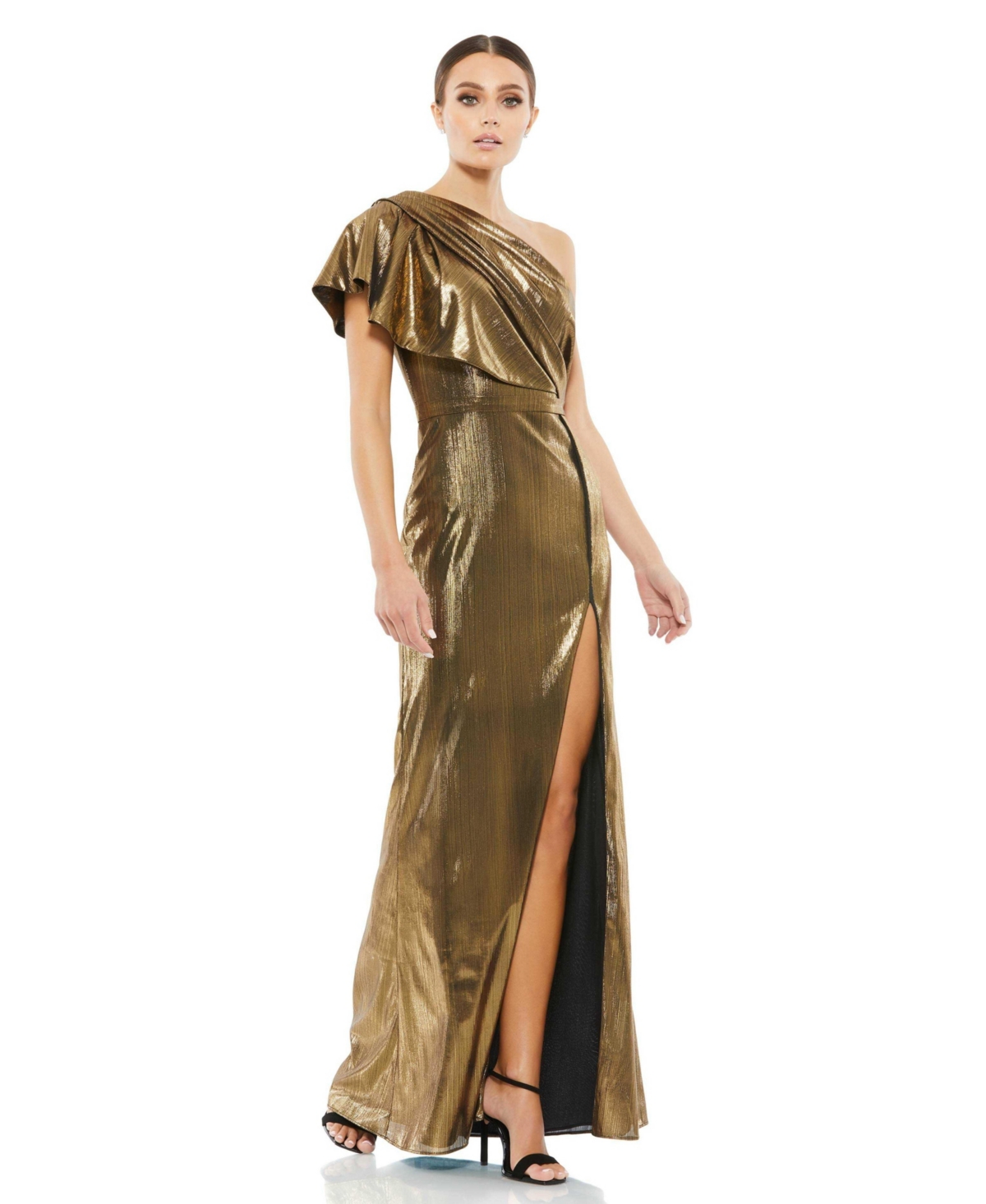 Mac Duggal Ruffled One Shoulder Metallic Evening Gown In Bronze