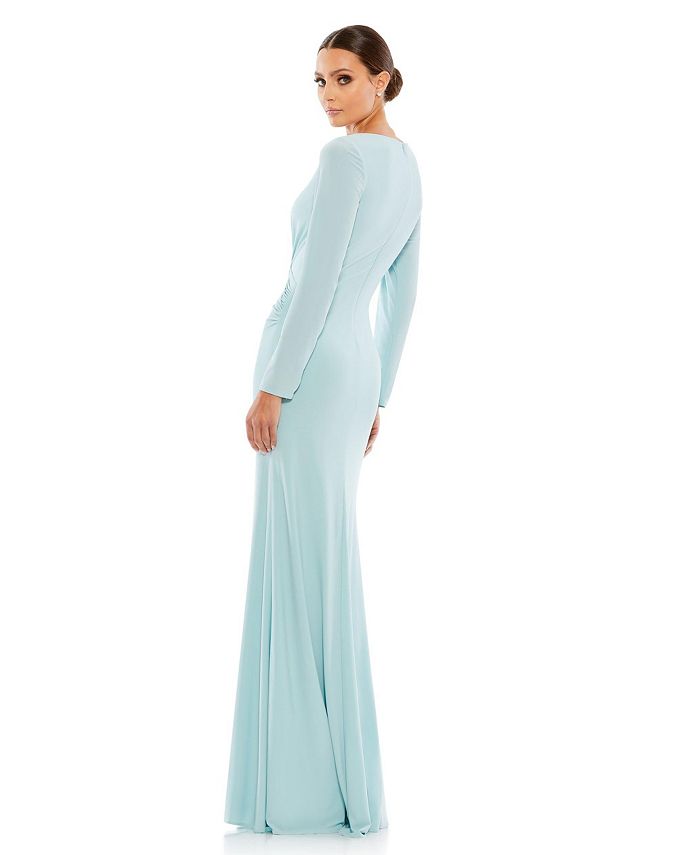 Mac Duggal Women's Ieena Long Sleeve Ruched Jersey V-Neck Gown - Macy's