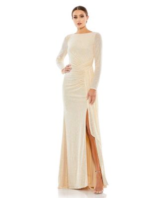 Mac Duggal Women's Ieena Sequined Ruched Long Sleeve Boat Neck Gown ...