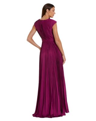 Women's Ieena Pleated Plunge Neck Belted Satin Gown