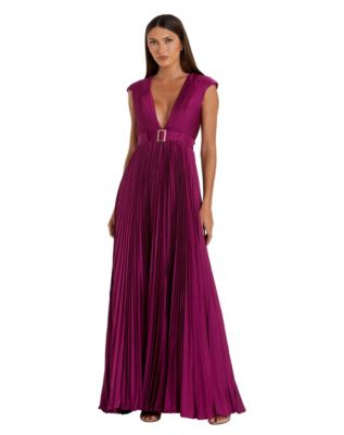 Women's Ieena Pleated Plunge Neck Belted Satin Gown