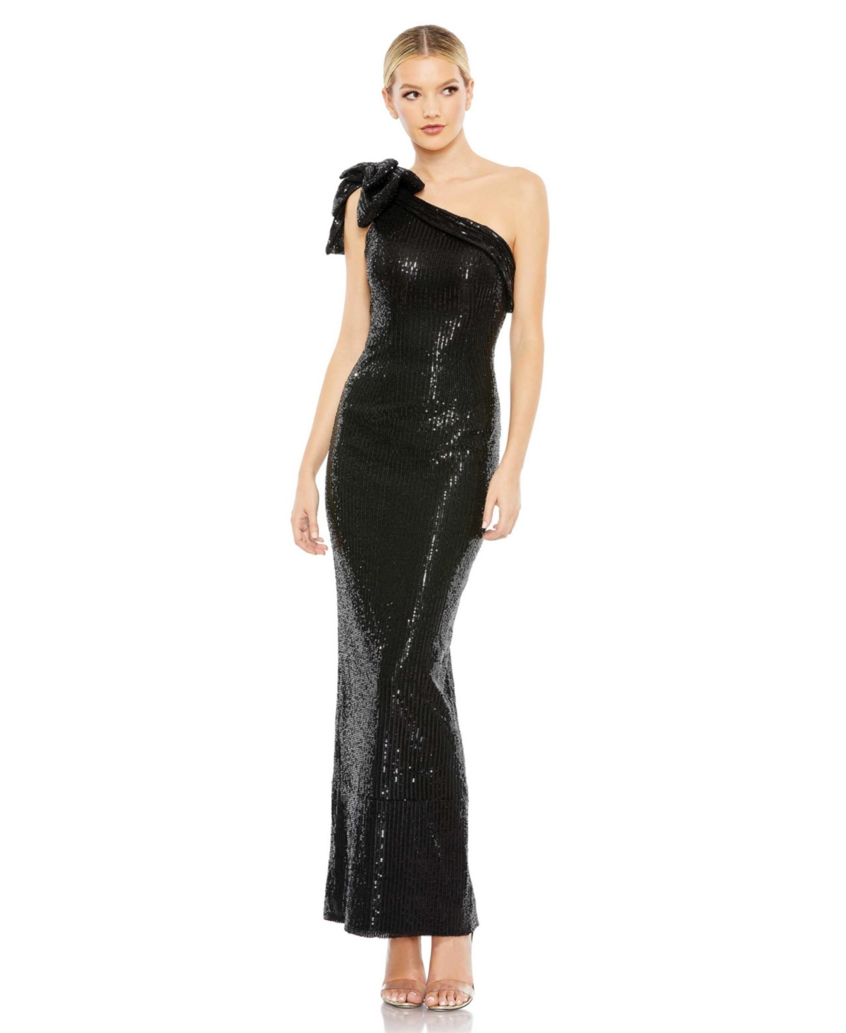 Mac Duggal Bow Sequin One-shoulder Column Gown In Black