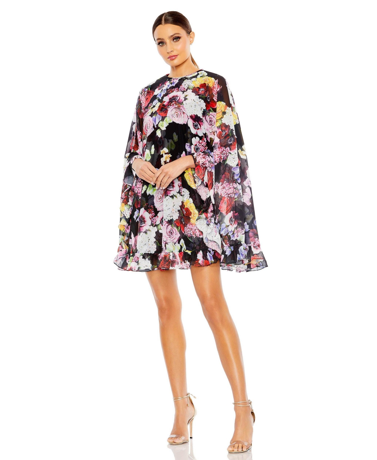 Mac Duggal Women's Ieena Floral Print High Neck Ruffle Hem Cape Mini Dress