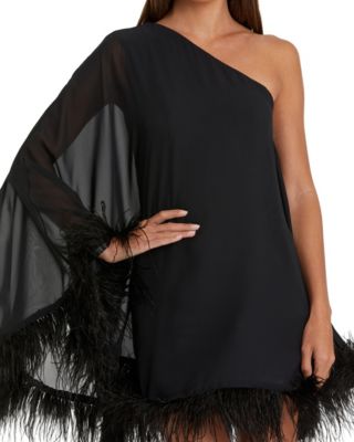Women's One Shoulder Trapeze Dress with Feather Trim