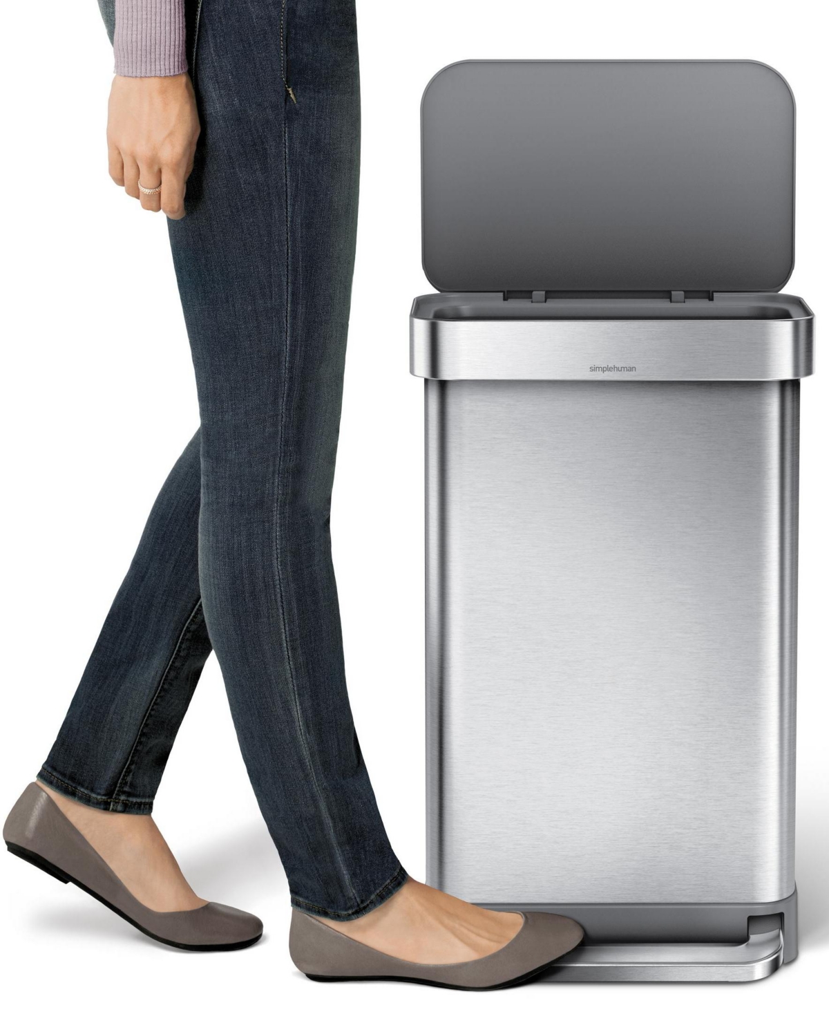 Shop Simplehuman 45 Litre Rectangular Step Can With Liner Pocket With Plastic Lid In Brushed Stainless Steel