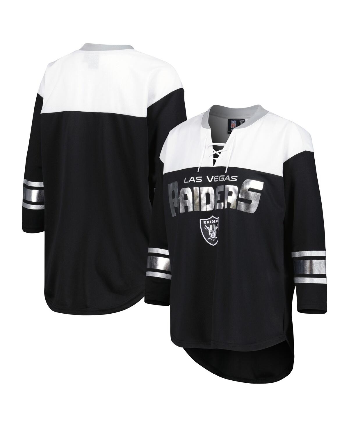 Shop G-iii 4her By Carl Banks Women's  Black, White Las Vegas Raiders Double Team 3/4-sleeve Lace-up T-shi In Black,white