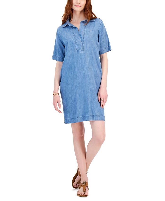 Tommy Hilfiger Women's Popover Short-Sleeve Chambray Dress, Light Benson, S