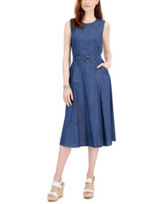 Tommy Hilfiger - Women's Belted Sleeveless Chambray Dress