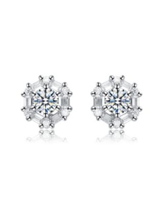 Sterling Silver With Round Baguette Cubic Zirconia Stud Earrings