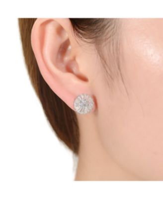 Sterling Silver with White Gold Plated Round and Baguette Cubic Zirconia Stud Earrings