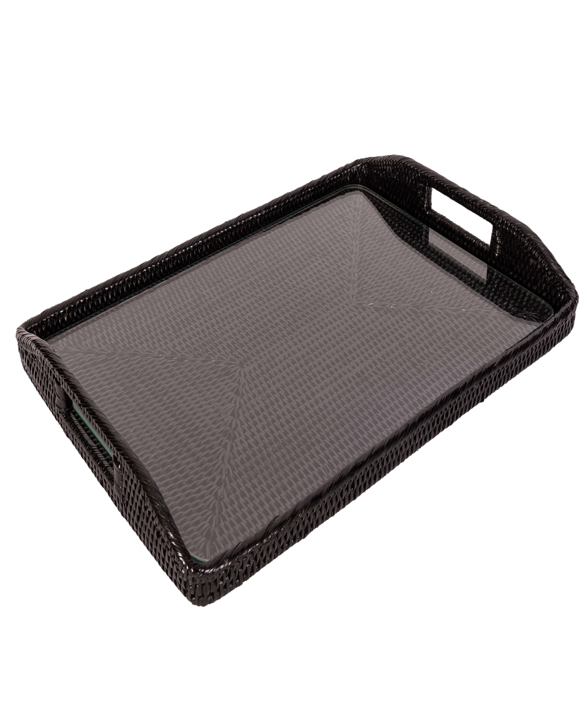 Artifacts Trading Company Artifacts Rattan Rectangular Tray With Glass Insert In Tudor Black