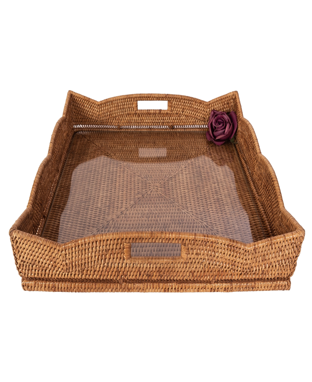 Artifacts Trading Company Artifacts Rattan Scallop Square Tray With Glass Insert In Honey Brown