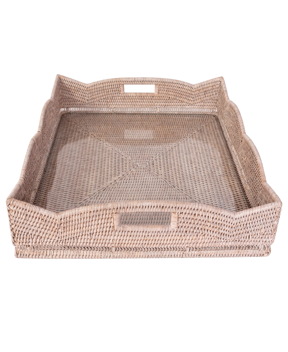 Artifacts Trading Company Artifacts Rattan Scallop Square Tray With Glass Insert In White Wash