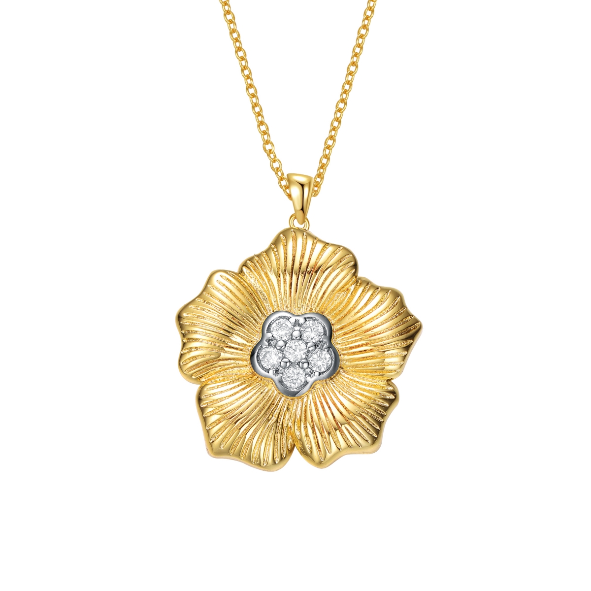 RACHEL GLAUBER 14K GOLD PLATED CUBIC ZIRCONIA 5 PETALS FLORAL PENDANT