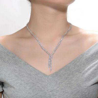 White Gold Plated Clear Round Cubic Zirconia Bezel Set Necklace