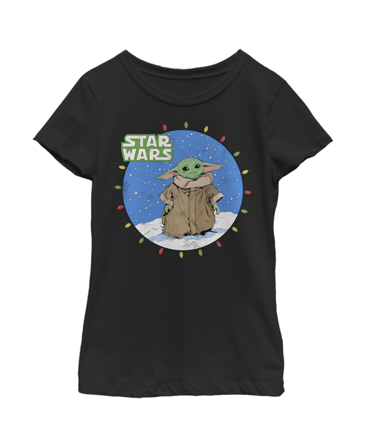 Disney Lucasfilm Girl's Star Wars: The Mandalorian Christmas Lights Grogu Scene Child T-shirt In Black