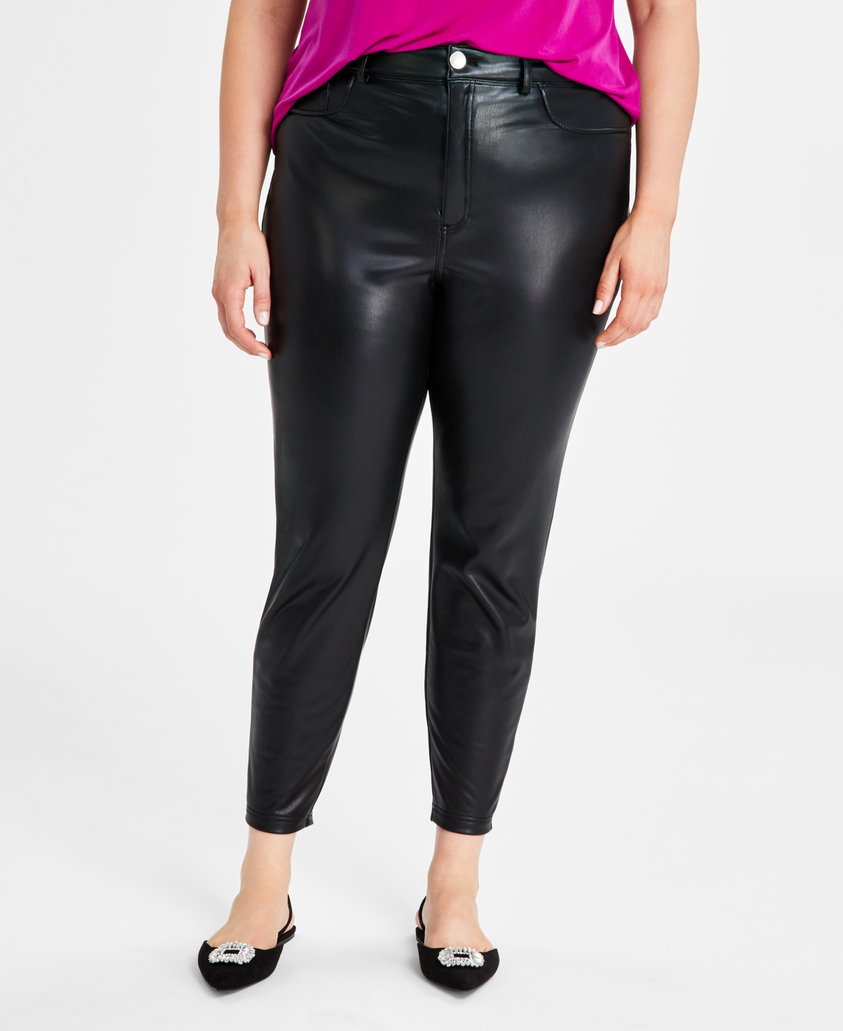 Inc International Concepts Plus Size High Rise Faux Leather Skinny Pants, Created For Macy's In Deep Black