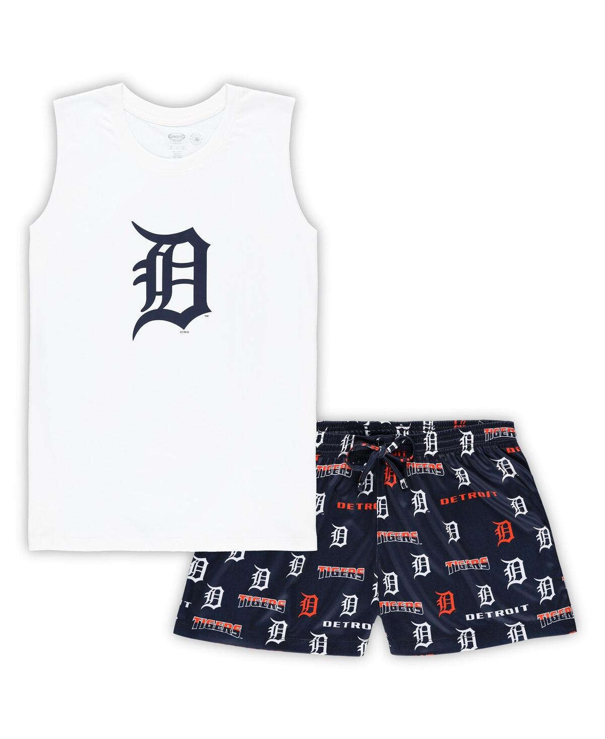 CONCEPTS SPORT WOMEN'S CONCEPTS SPORT WHITE, NAVY DETROIT TIGERS PLUS SIZE TANK TOP AND SHORTS SLEEP SET 