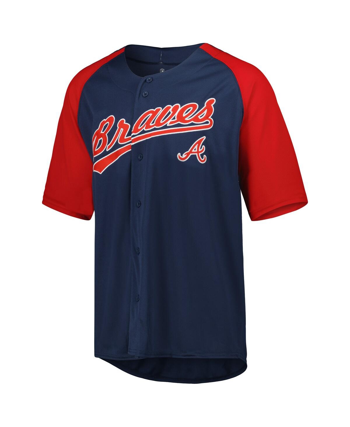 Men's StitchesAtlanta Braves Button-Down Raglan Fashion Jersey - Navy
