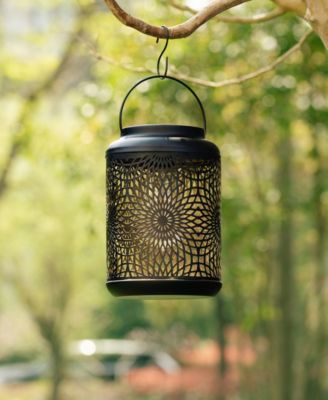 8.75" H Metal Cutout Solar Powered Outdoor Hanging Lantern with Edison Bulb, Set of 2 DNU