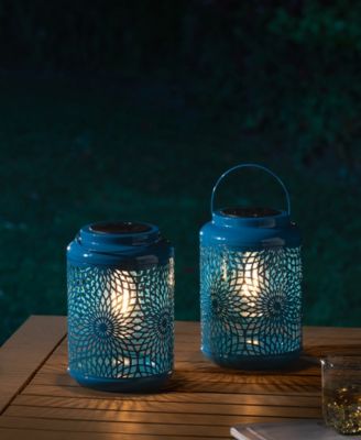 8.75" H Metal Cutout Solar Powered Outdoor Hanging Lantern with Edison Bulb, Set of 2