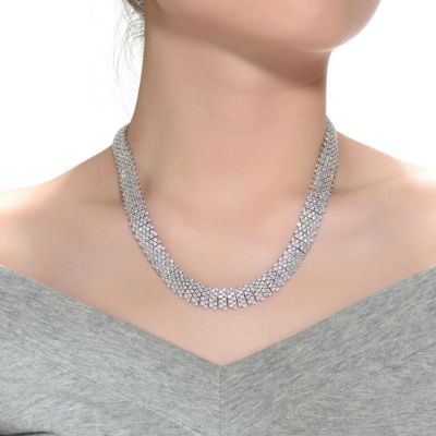 White Gold Plated Clear Round Cubic Zirconia Linear Pave Necklace