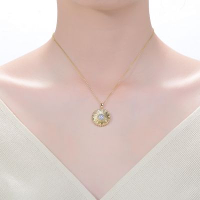 14K Gold Plated Cubic Zirconia Circle Floral Pendant