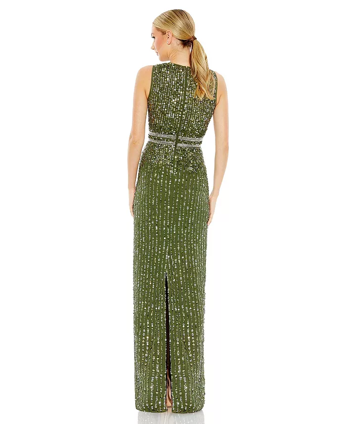 Women's Sequined High Neck Sleeveless Column Gown - thumbnail 5