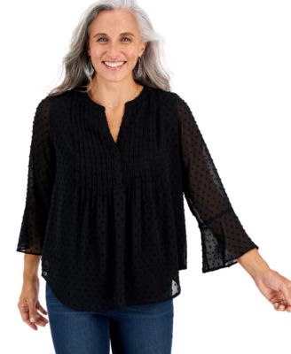 Style & Co - Petite Pintuck 3/4-Sleeve Dot-Texture Blouse