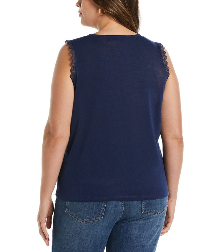 Rafaella Women's Sleeveless Lace Trim Top - 100% Cotton Slub Jersey, Tie Front