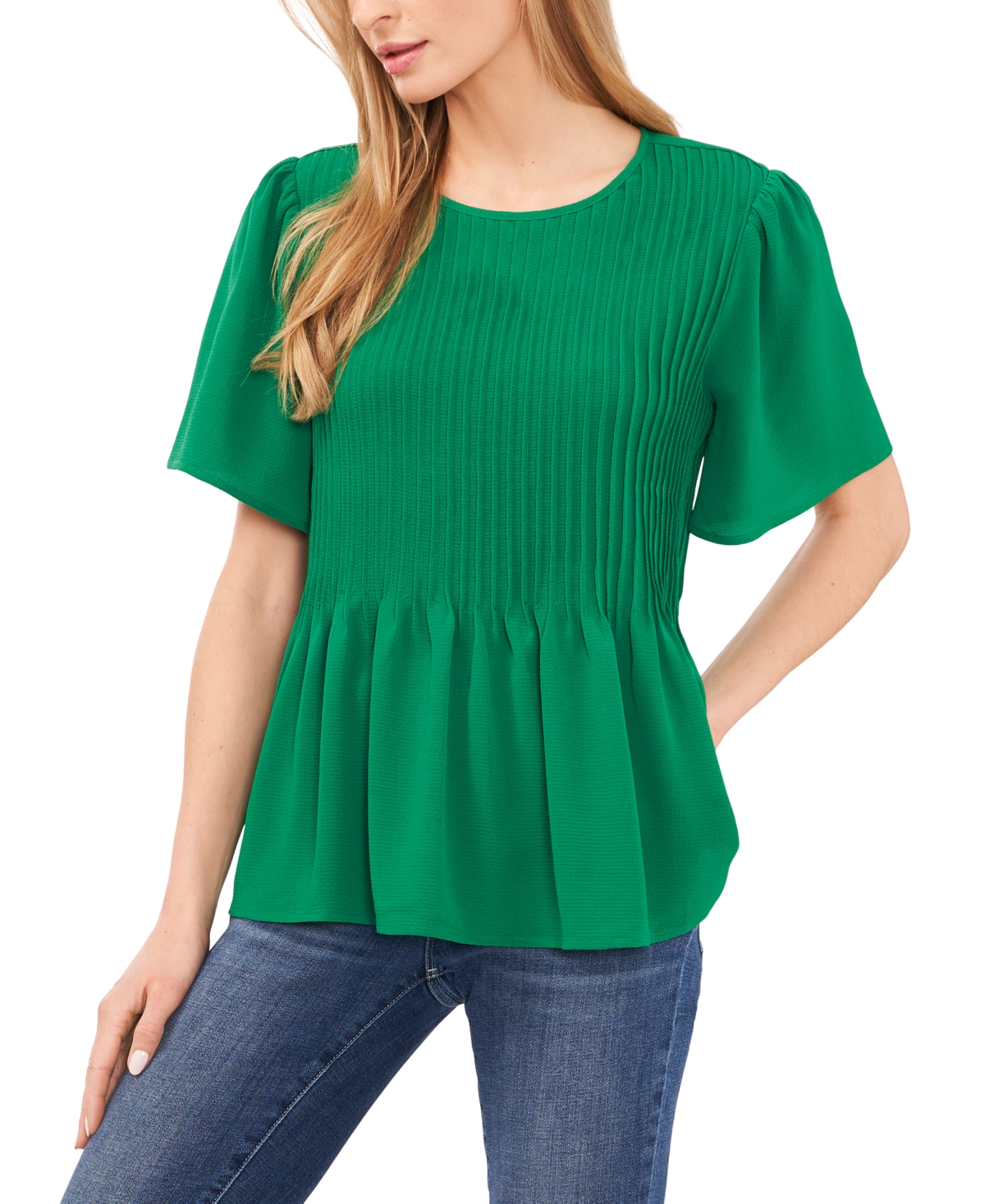 Cece Women's Long Sleeve Smocked Cuff Pin-tuck Front Blouse In Lush Green