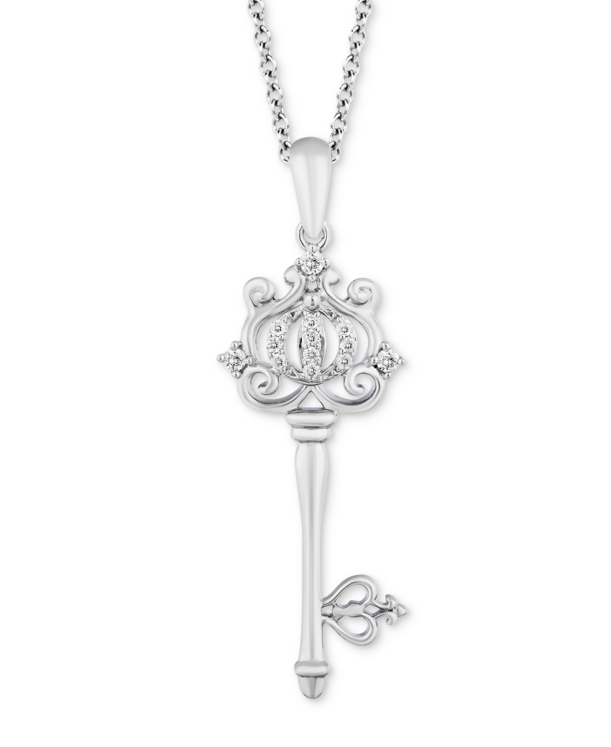 Enchanted Disney Fine Jewelry Diamond Cinderella Carriage Key Pendant Necklace (1/10 Ct. T.w.) In Sterling Silver, 16" + 2" Extend