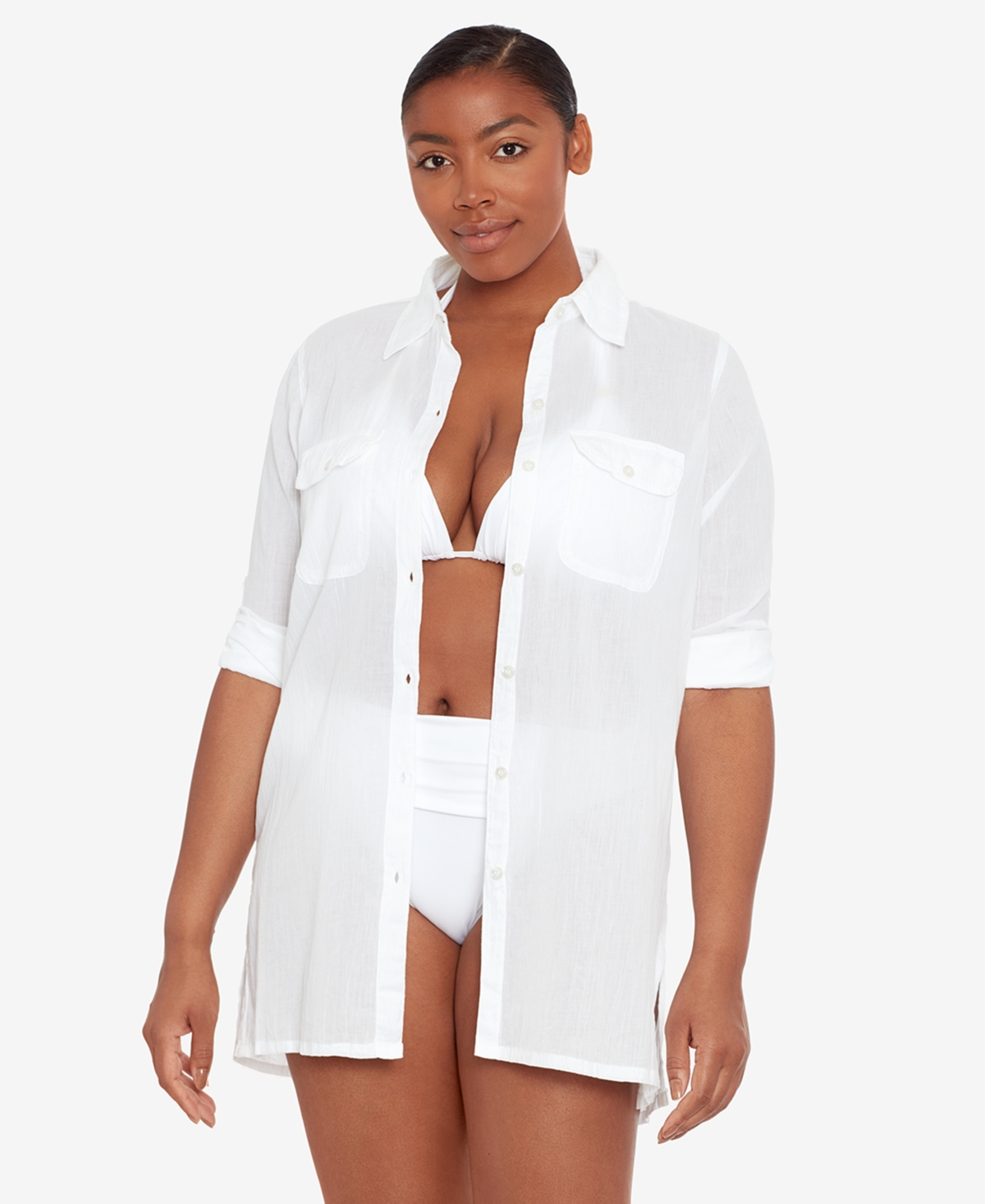 Shop Lauren Ralph Lauren Crushed Cotton Cover-up Shirt In White